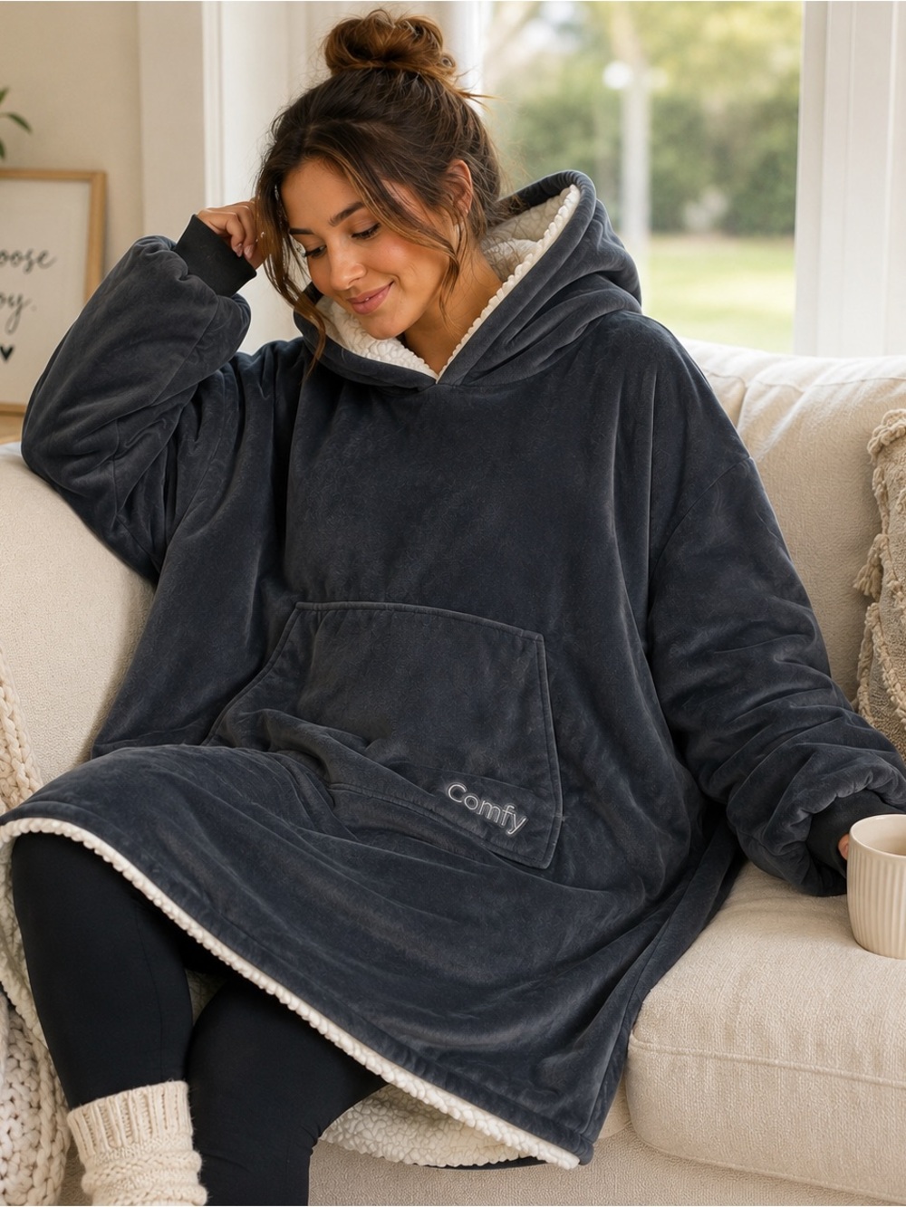 The  Comfy Original Oversized Sherpa-Lined Wearable Hoodie Blanket - Charcoal